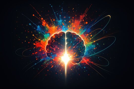Luminous brain silhouette exploding into colorful paint splashes and light trails on black