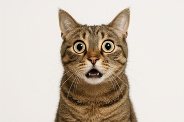 Wide eyed tabby cat making shocked expression isolated on clean white studio background