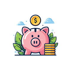 Cute piggy bank surrounded by coins and leaves (1)