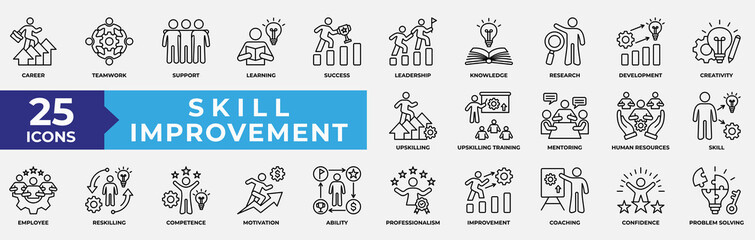 Skill Improvement Icons Collection Set. Containing career, teamwork, skill, success, leadership, knowledge, upskilling, training and mentoring icon. Simple Line Vector Illustration.