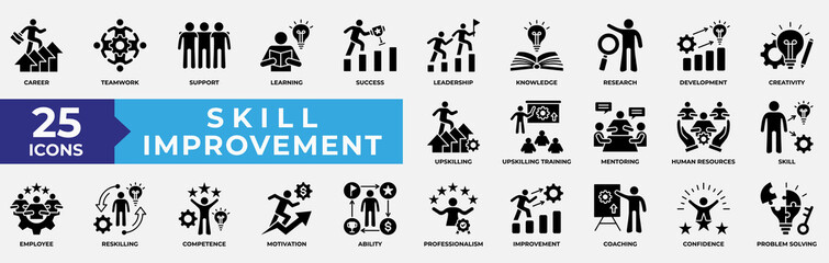 Skill Improvement Icons Collection Set. Containing career, teamwork, skill, success, leadership, knowledge, upskilling, training and mentoring icon. Simple Solid Vector Illustration.