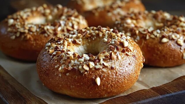 Four bagels with chopped nuts adorn a wooden surface covered with parchment paper