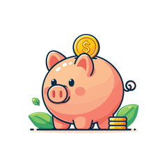 Cute piggy bank with coins and leaves in background