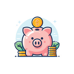 Cute piggy bank with coins and leaves, symbolizing savings