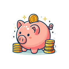 Cute piggy bank with coins and stacks in a bright scene
