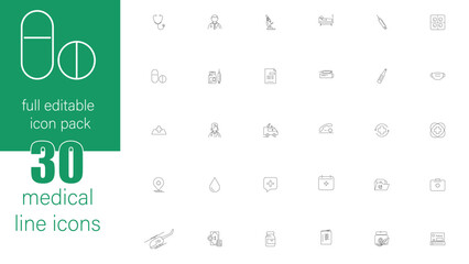Healthcare & Medical Line Icon Pack – 30 Editable Vector Icons for Hospital, Doctor, Pharmacy, Medicine, First Aid & Health Apps