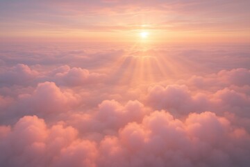 Dreamy aerial view above candy pink clouds at sunset with soft golden light