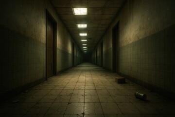 Abandoned supermarket aisle with empty shelves dim light and scattered packaging