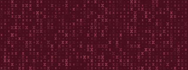 Abstract seamless pattern with genetic or molecular shapes in shades of red and pink on a dark background, representing science and technology.