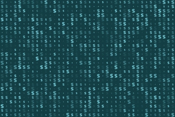 Seamless pattern of dollar signs in varying shades of blue and green on a dark teal background, representing finance, wealth, and economic concepts.
