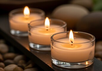 Three lit candles in glass holders on a dark surface with pebbles and stones