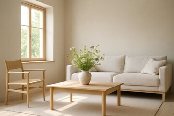 Calm Scandinavian living room with natural wood accents and vase of meadow flowers