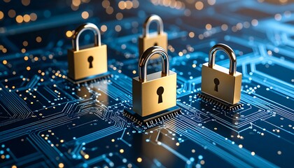 Gold padlocks on circuit board