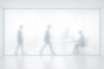 Soft defocused office scene with silhouettes behind frosted glass in bright white interior