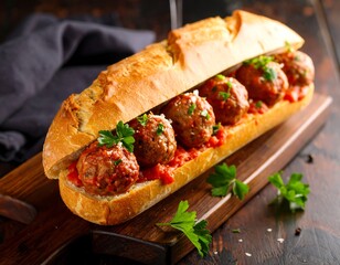 Italian Meatball Sub on a Wooden Board