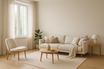 Sunlit cozy living room with soft textiles neutral tones and generous negative space