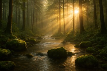 Golden sunrise beams over tranquil forest creek with mossy stones and mist