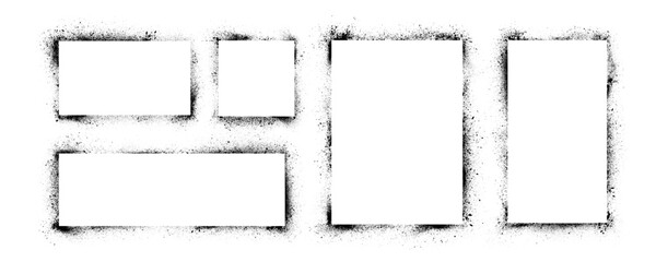 Fototapeta na wymiar Grunge graffiti stencil frames with spray paint borders. Black vector rectangles and squares. Airbrushing paint banners, splatter ink shapes. Places for text or pictures. Graffiti spraypaint element.