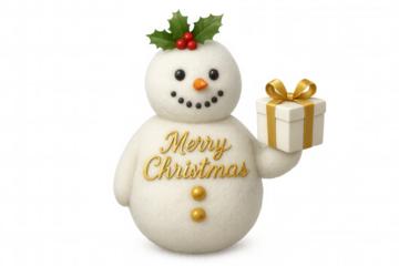 Snowman holding christmas gift, saying merry christmas with holly and berries, transparent background