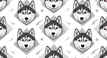 Seamless pattern of husky dog faces in a repeating symmetrical layout design