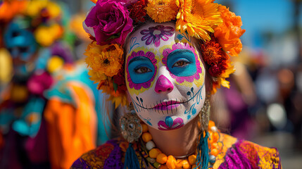 Day of the dead makeup woman with flowers and sugar skull face paint portrait photo