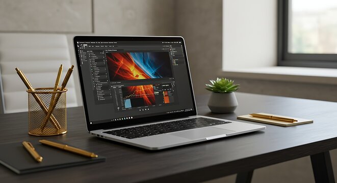 Laptop displaying video editing software on a desk near a window