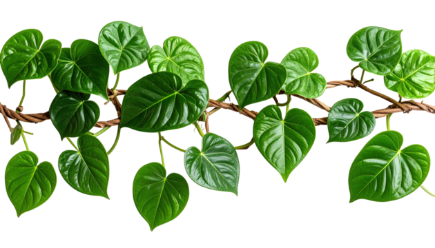 A horizontal arrangement of a vibrant vine displays heart-shaped leaves isolated on a transparent background. - Powered by Adobe