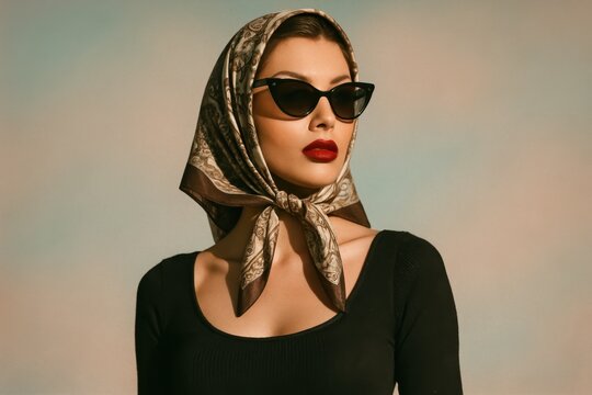 Vintage inspired fashion portrait woman in cat eye sunglasses and bold lipstick