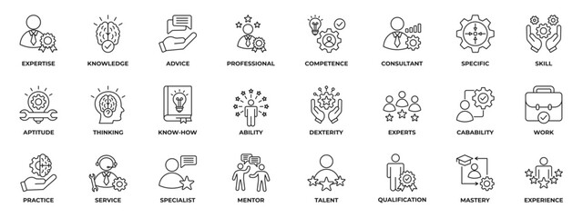 Expert Line Icons Collection Set. Containing advice, competence, expertise, knowledge, skill, specialist, experience and more. Simple Line Vector Illustration.
