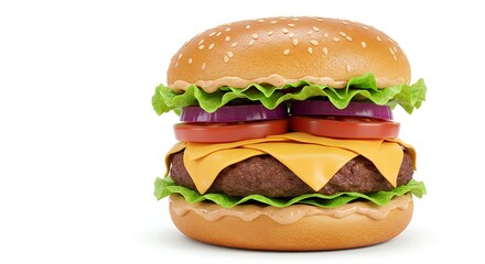 A juicy gourmet hamburger with a thick beef patty, melted cheddar cheese, fresh lettuce, tomato slice, red onion, and special sauce, served on a toasted brioche bun.