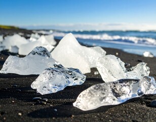 Ice shards on black sand beach