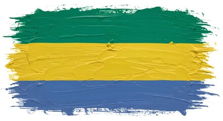 Obraz premium An abstract artistic version of the Gabon flag, with green, yellow, and blue horizontal bands painted in textured brush strokes, expressive and modern.