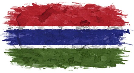 An expressive painterly interpretation of the Gambia flag, with red, blue, and green horizontal bands separated by white lines, textured and abstract.