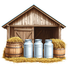 A rustic wooden shed stands amidst hay, showcasing three metal milk cans isolated on a transparent background.