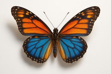 Fototapeta premium Vivid blue and orange butterfly mid flight isolated on pristine white backdrop