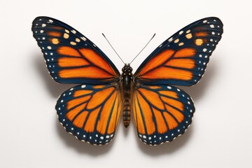 Fototapeta premium Vivid blue and orange butterfly mid flight isolated on pristine white backdrop