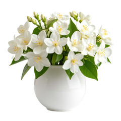 A bouquet of pristine white jasmine flowers in a round white ceramic vase isolated on a transparent background.