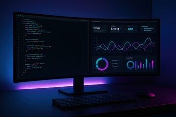 Cutting edge software development dashboard with code graphs and UI on modern monitor