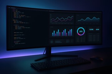 Cutting edge software development dashboard with code graphs and UI on modern monitor