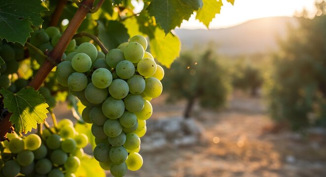 Ripe green grapes hanging on a vine in a vineyard with sunlight