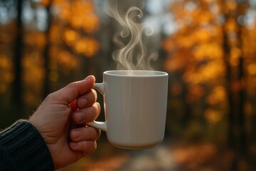 Warm hand holding steaming coffee against vibrant autumn forest golden hues
