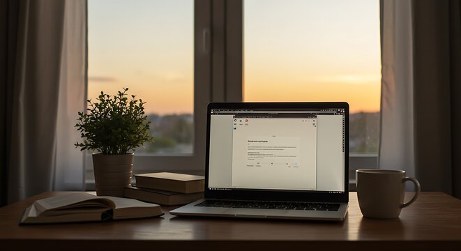 Laptop on desk with plant book and coffee cup near window with sunset view - Powered by Adobe