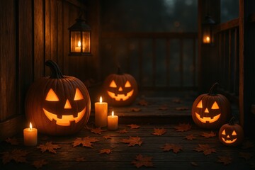 Obraz premium Autumn porch glow with carved pumpkins lanterns and candles under crisp evening sky