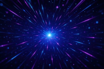 Naklejka premium Blue and purple neon light trails exploding through deep space cosmic party backdrop