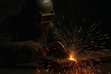 Steel fabricator cutting plate with gas torch shower of sparks industrial craftsmanship