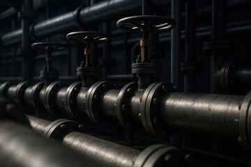 Fototapeta premium Industrial pipeline network at refinery with valves and steel textures close up
