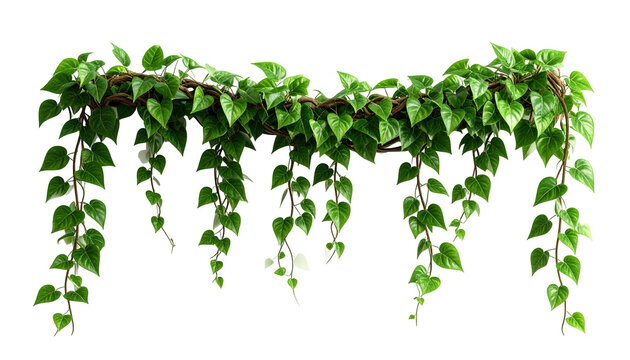 A detailed image showcases a cascading arrangement of vibrant green leaves on trailing vines isolated on a transparent background.