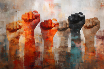 An evocative oil painting showcasing raised fists symbolizing strength and solidarity.