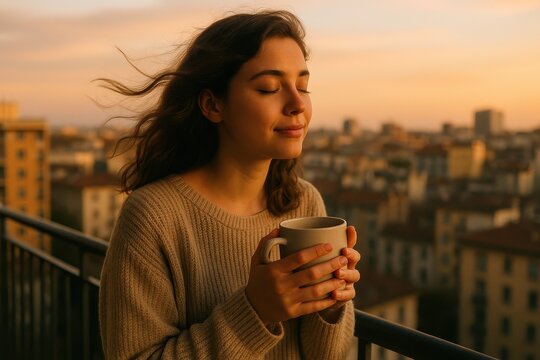 Sunlit balcony reflection serene young woman breathing deep feeling gratitude and peace