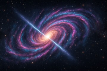 Obraz premium Distant spiral galaxy with luminous core and energetic jets across starry space